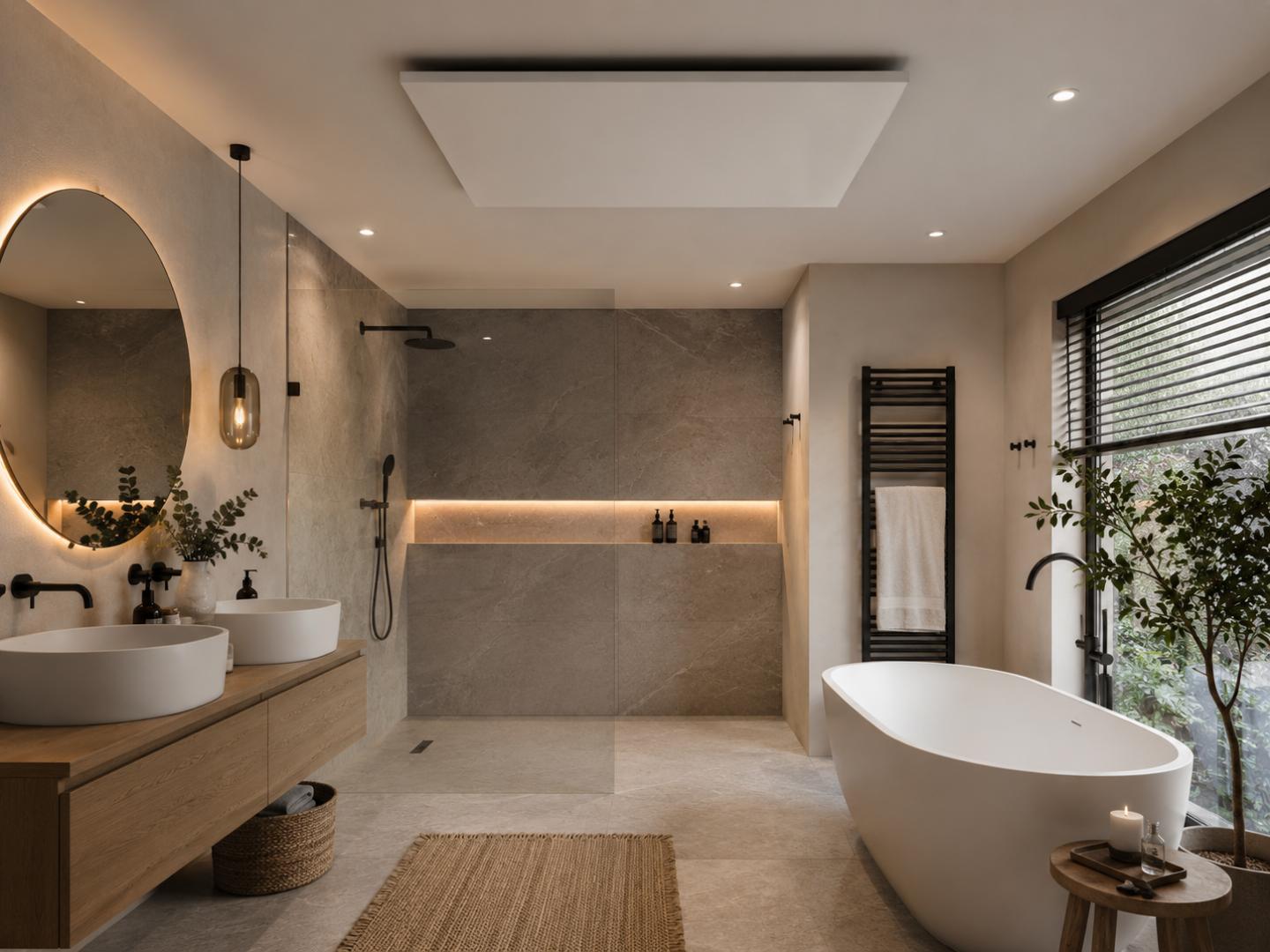 Infraroodpaneel aan het plafond in een stijlvolle design badkamer