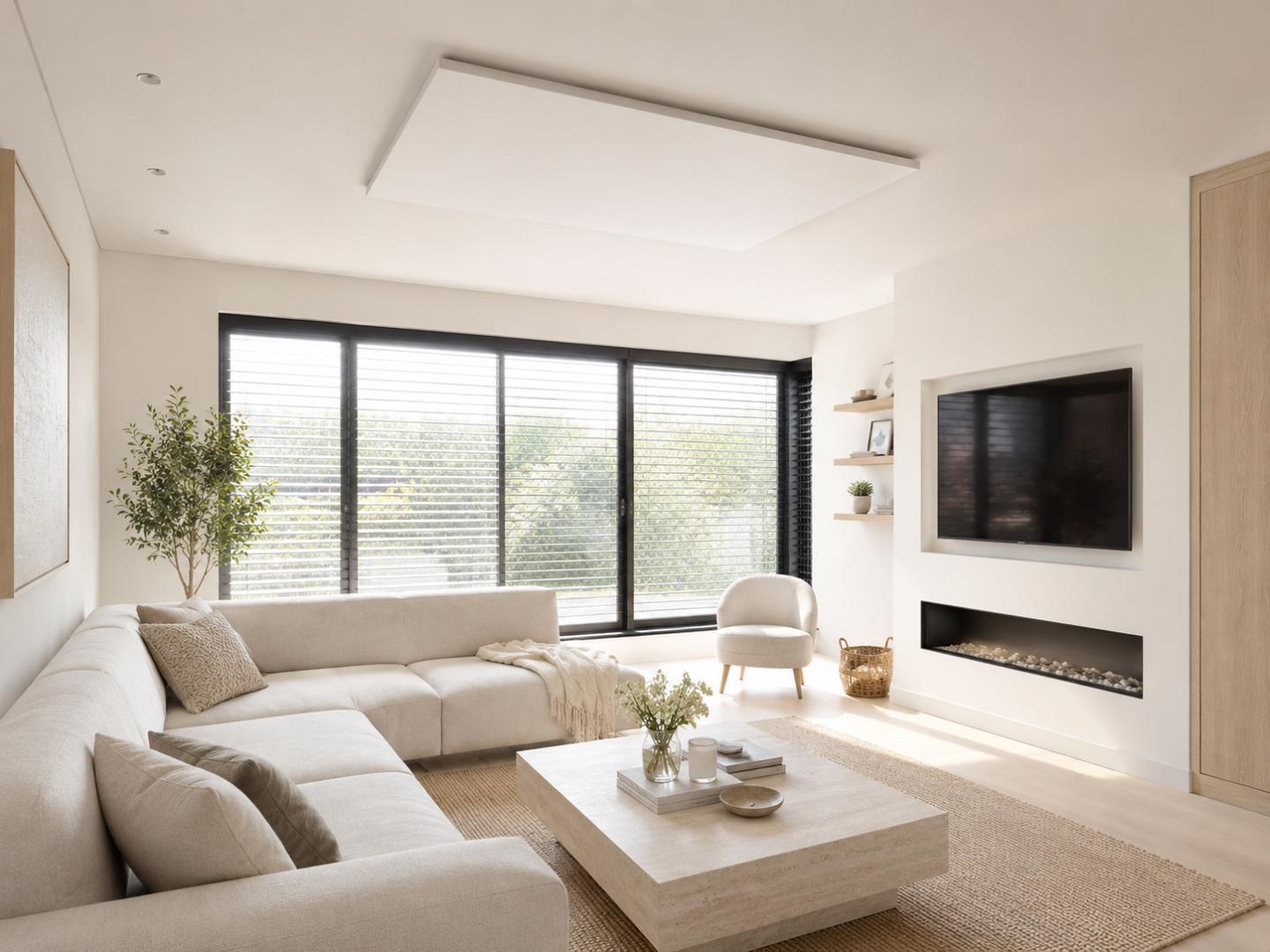 Infraroodverwarming aan plafond in een lichte moderne woonkamer